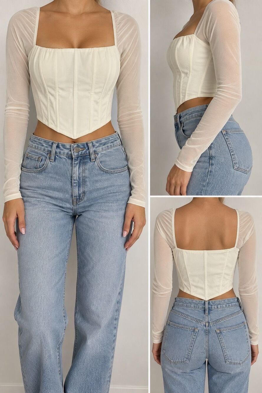 Princess Polly Ivory Corset Top US 4 Sheer Mesh Long Sleeve Y2K Going Out